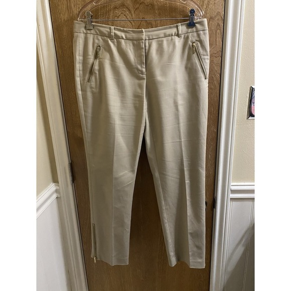 Michael Kors Women's Wellesley Ankle Fit Khaki Pants Size 12 Gold Zippers - Picture 1 of 13